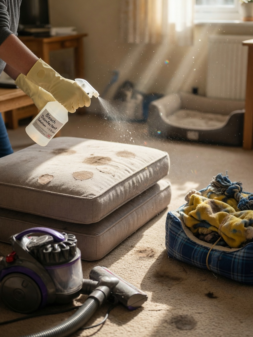Household environmental decontamination showing bleach solution being applied to carpets and furniture during ringworm treatment protocol