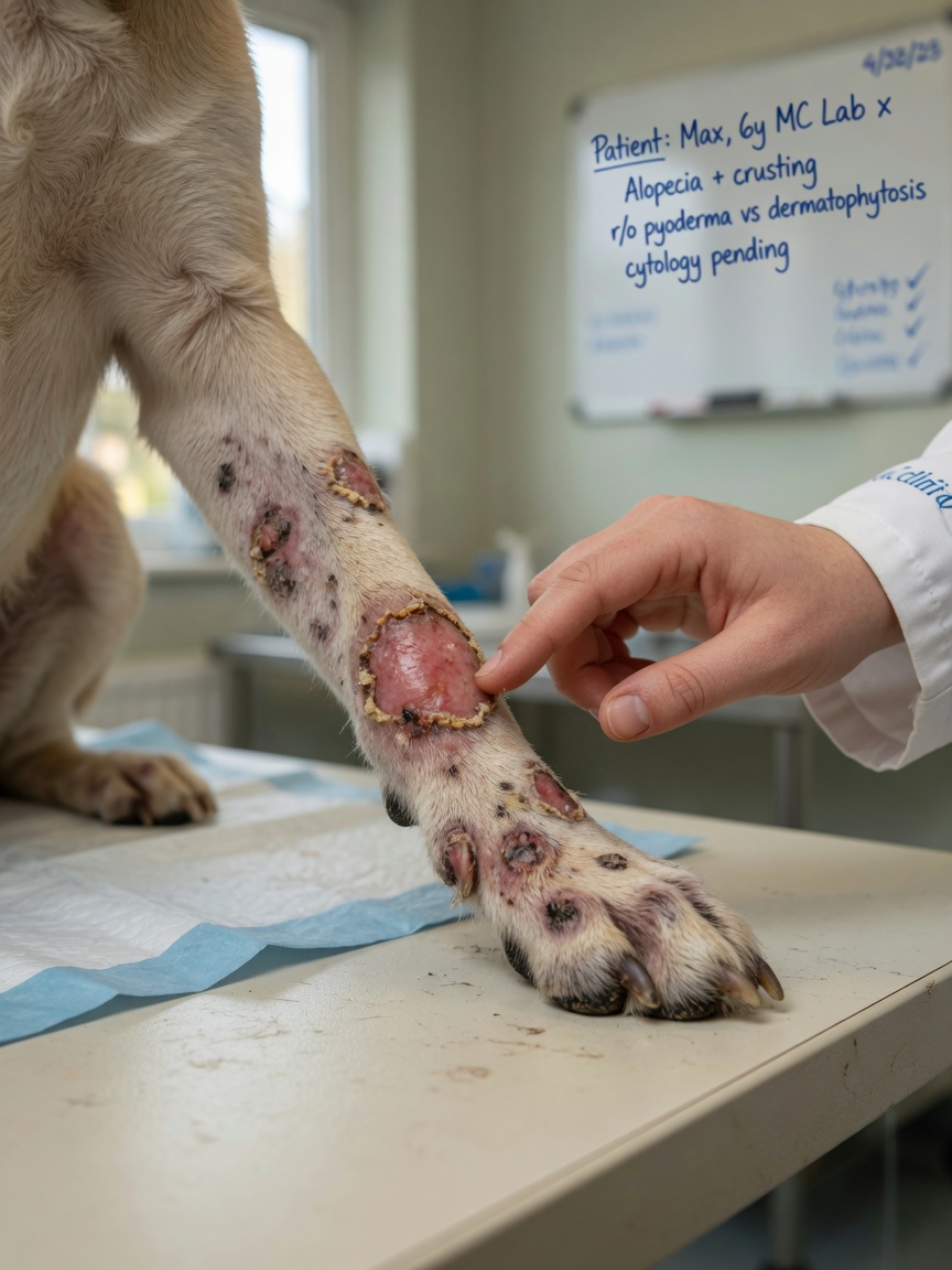 Dog's paw and forelimb showing ringworm lesions with hair loss and inflamed skin, veterinarian examining the affected area