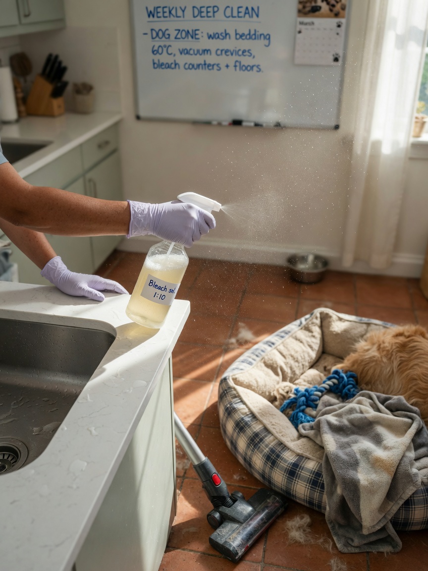 Person wearing protective gloves spraying disinfectant solution on hard surfaces during environmental decontamination, with dog bedding and cleaning supplies visible