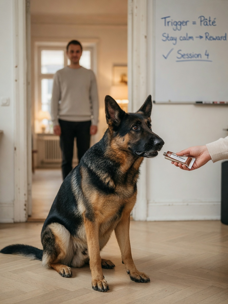 A German Shepherd with forward ears and attentive expression looking between a doorway and its owner's hand holding a food reward, demonstrating counter-conditioning learning.