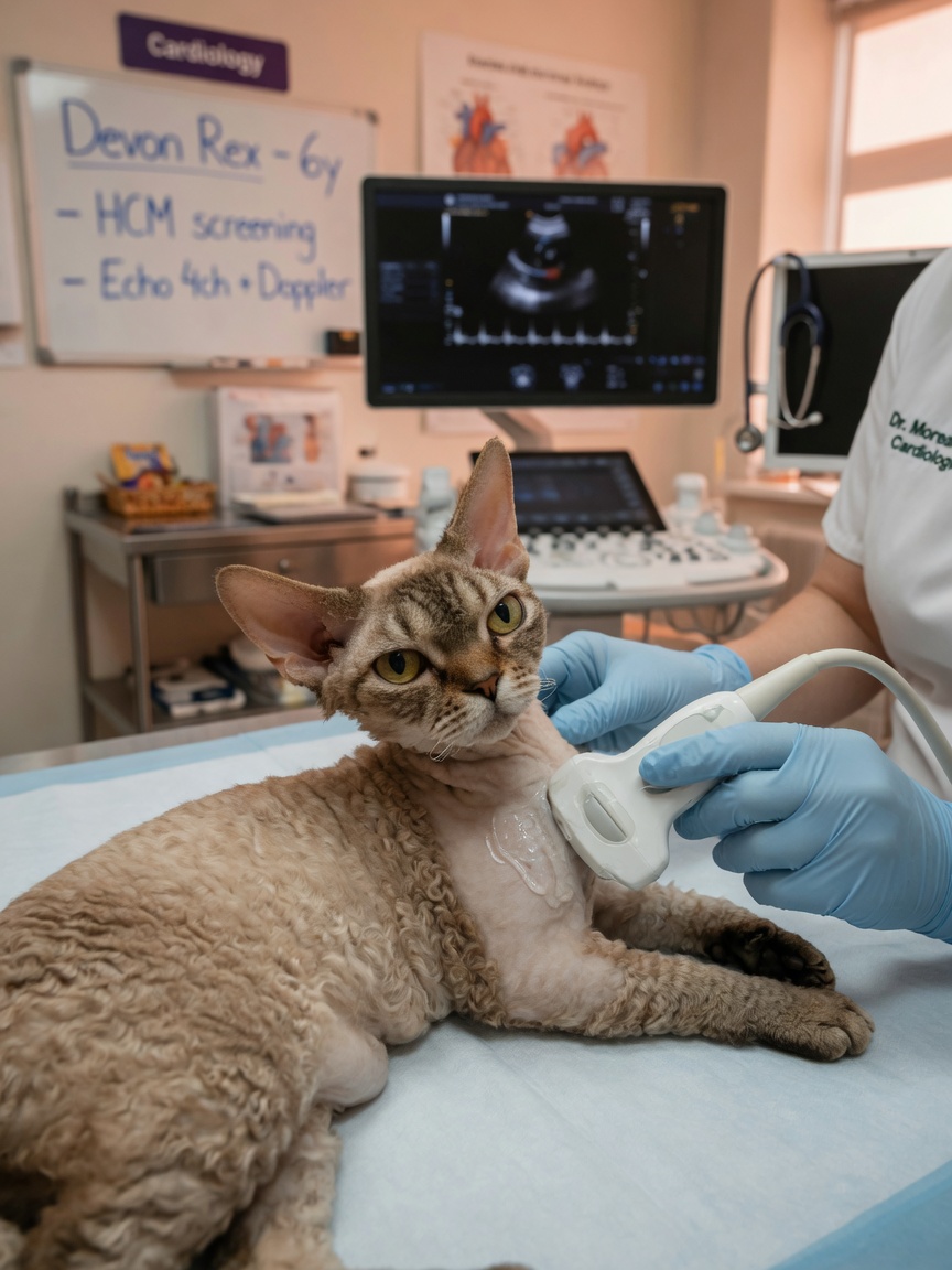 A Devon Rex cat receiving an ultrasound examination from a veterinarian at a clinic
