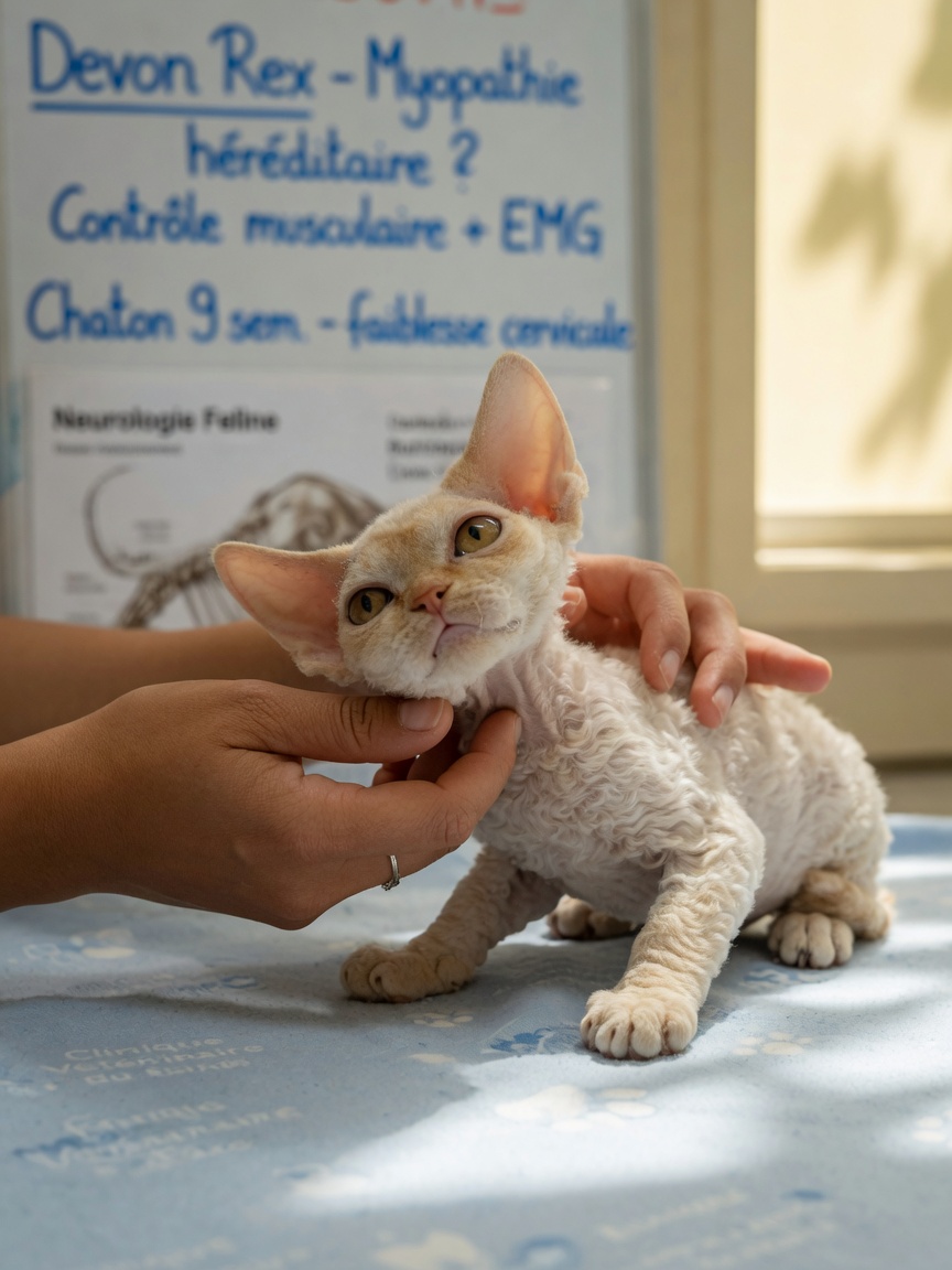 Young Devon Rex kitten being examined by veterinarian for signs of muscular dystrophy and neck weakness