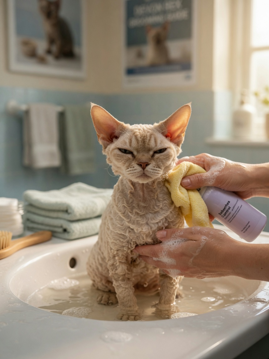 Devon Rex cat being bathed with gentle shampoo to manage seborrhoea and skin health