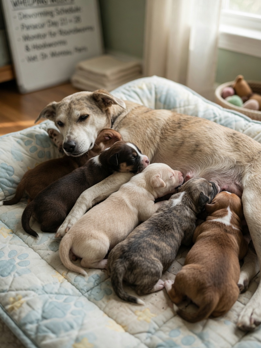 Mother dog nursing a litter of young puppies on a whelping blanket
