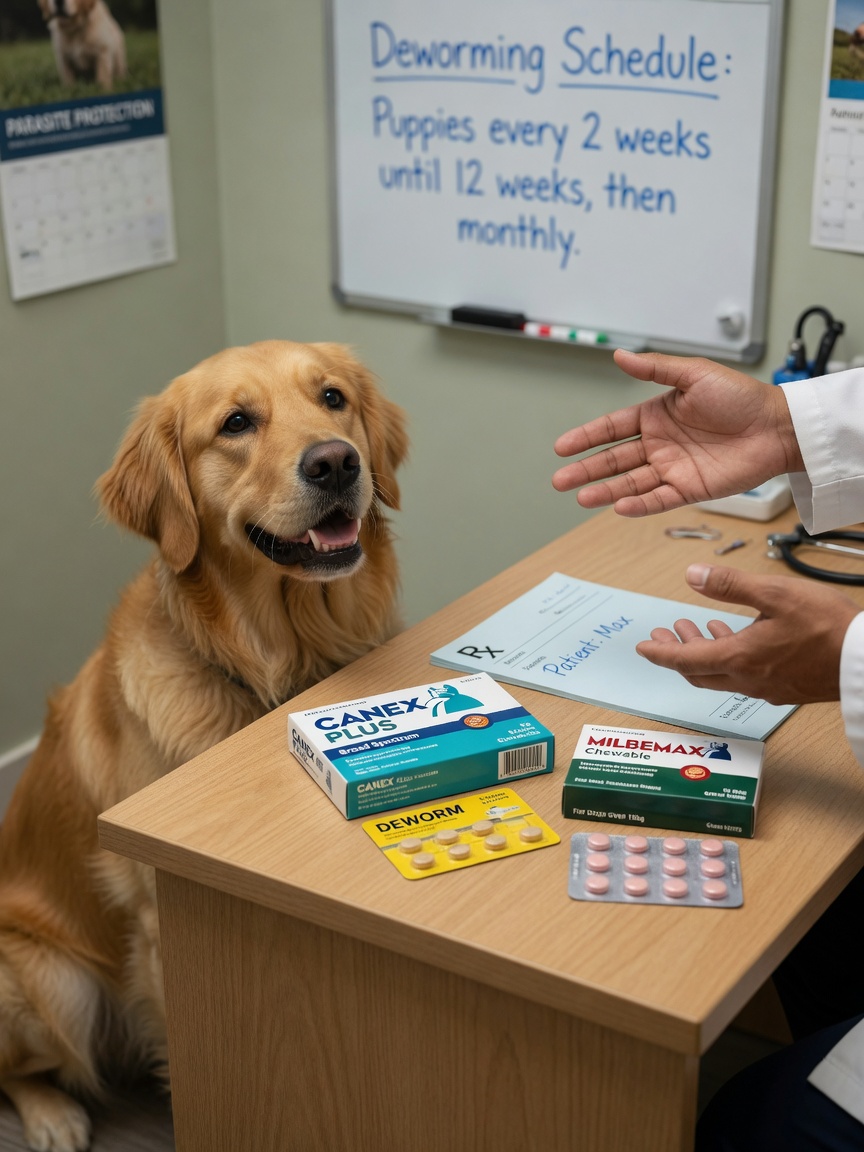 Veterinary deworming products displayed on a clinic consultation desk with a dog present