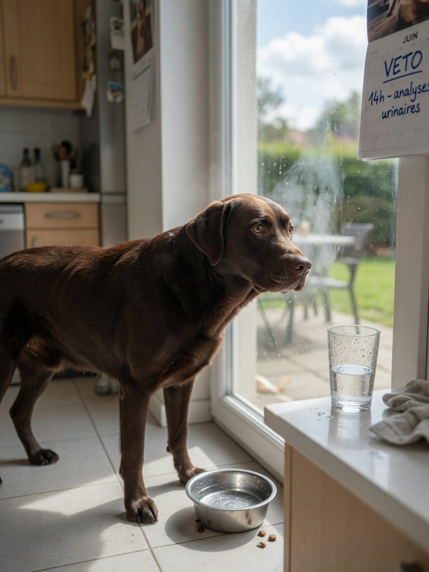Een magere hond die bij een patiodeur staat, urgentie naar buiten kijkt met een lege waterbak zichtbaar, wat tekenen van overmatige dorst en frequent plassen aantoont
