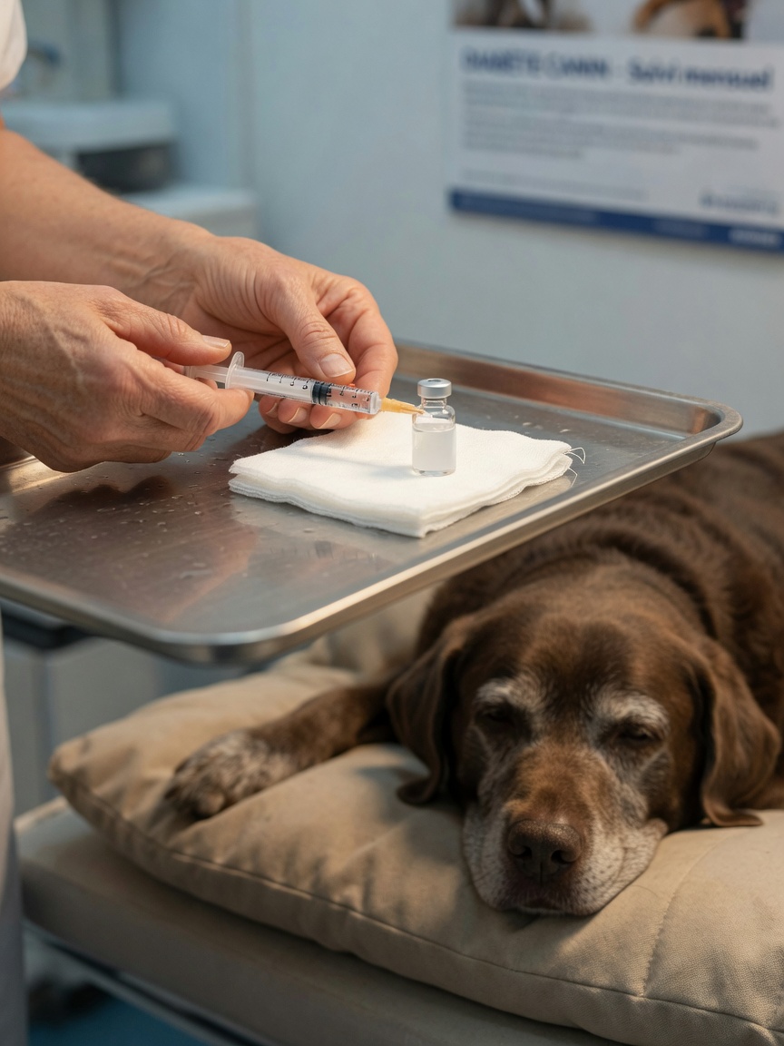 Dierenarts die insulinespuit voor diabetische hond voorbereidt voor behandeling