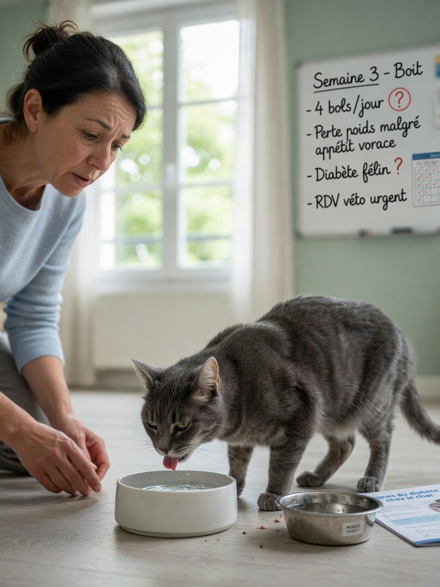 Cat drinking excessively from water bowl showing signs of increased thirst and visible weight loss