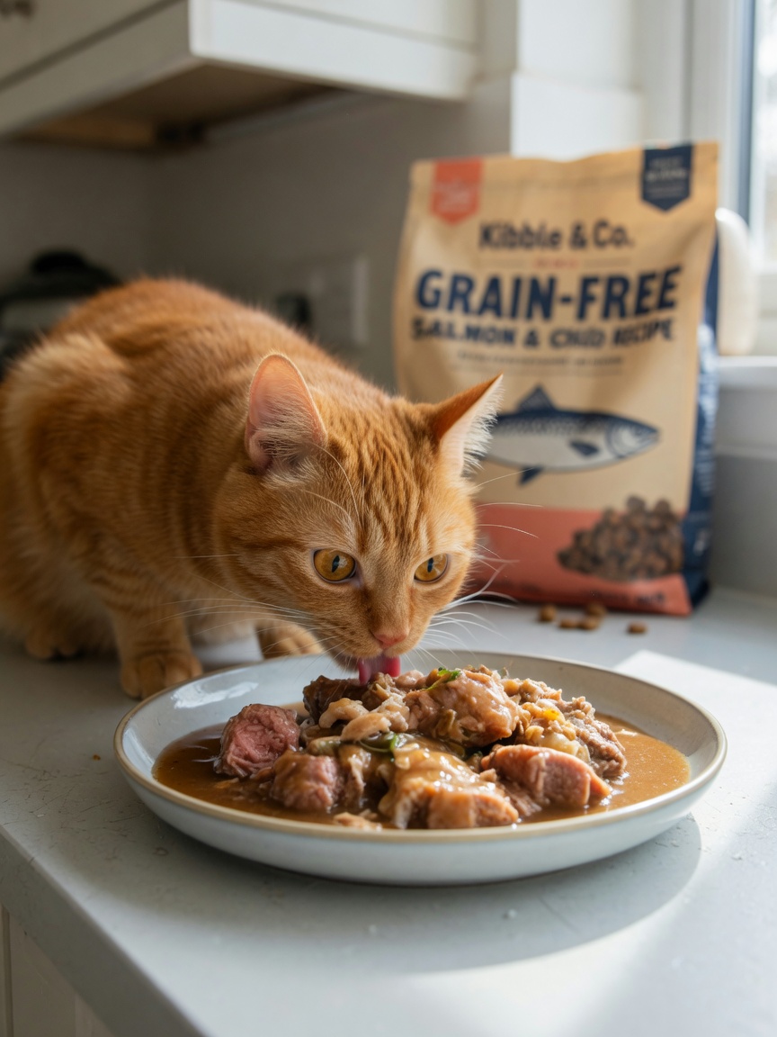 Cat eating high-protein wet food from bowl with dry kibble bag visible in soft focus behind