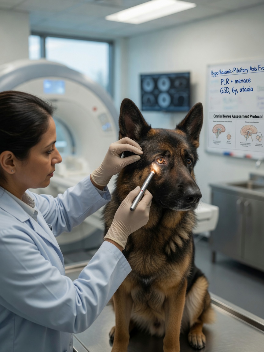 Veterinarian performing neurological examination on German Shepherd to assess hypothalamic-pituitary function