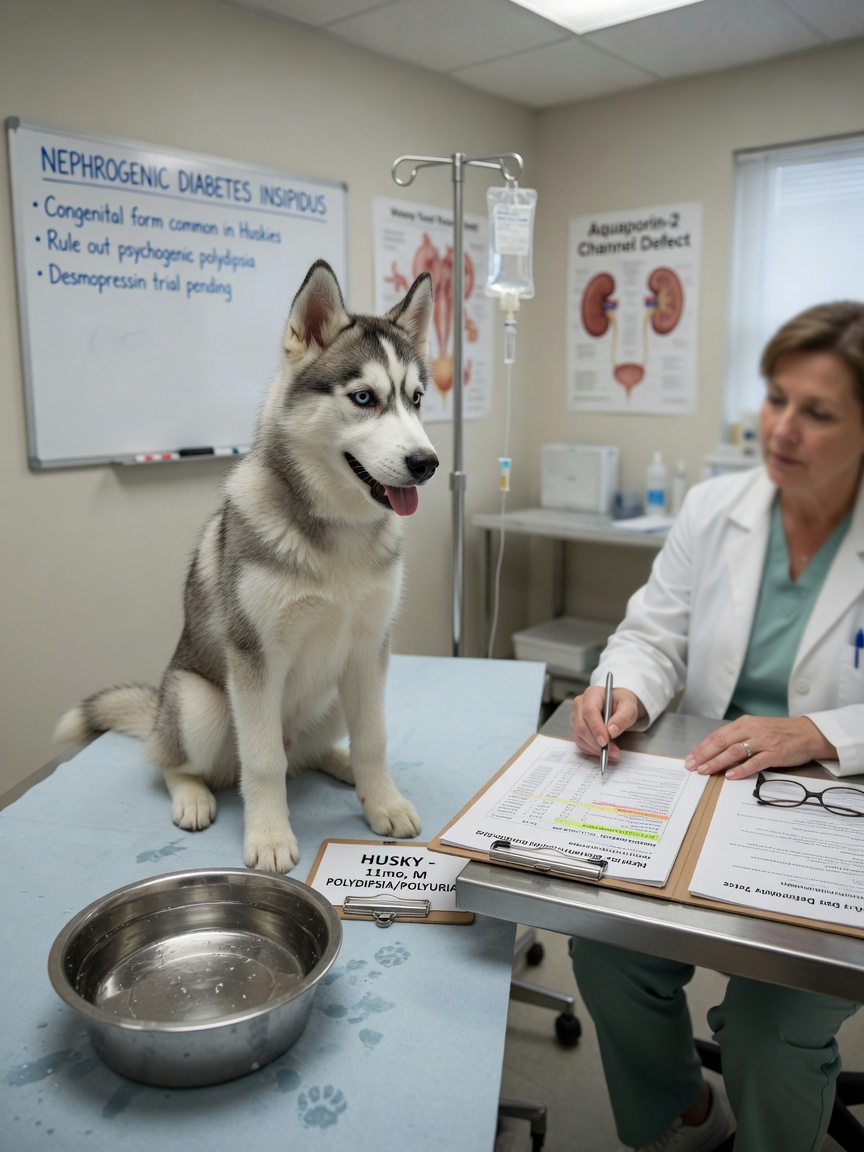 Husky at veterinary consultation with large water bowl visible, illustrating nephrogenic diabetes insipidus assessment