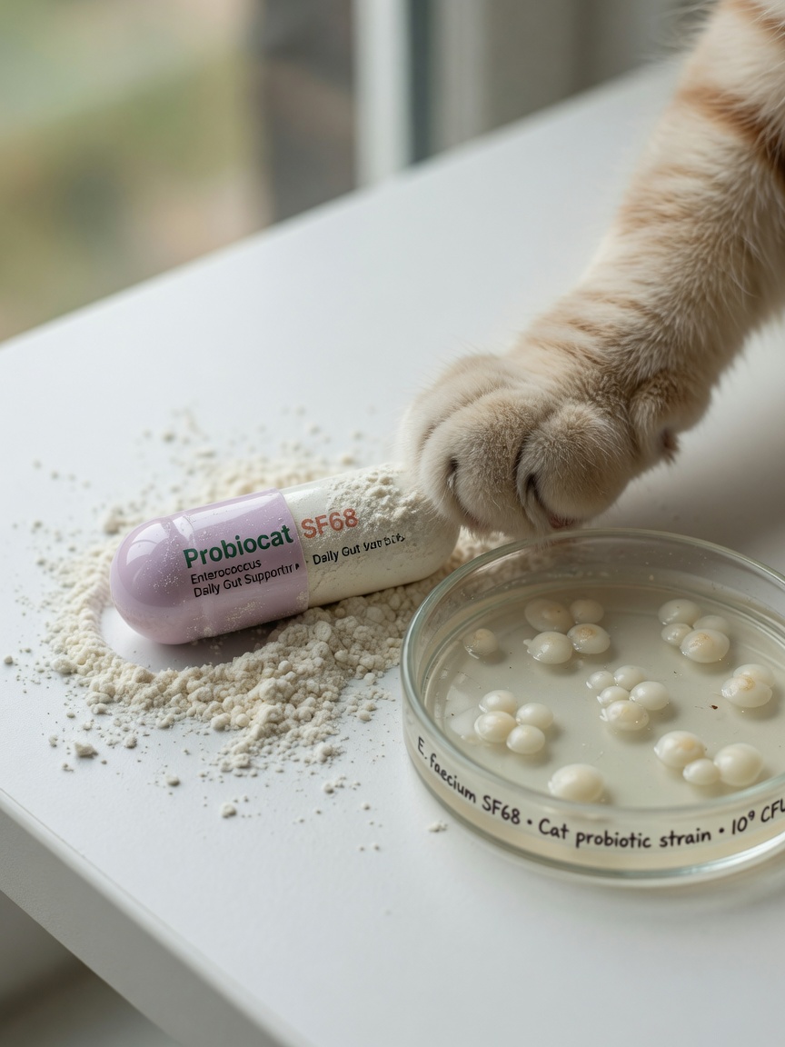 Probiotic supplement capsule and bacterial culture cultures displayed with a cat's paw for scale
