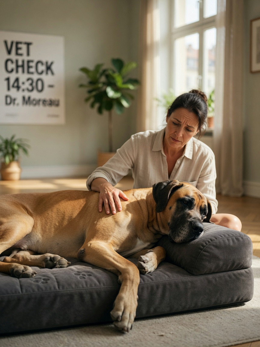Owner's caring hand on a resting Great Dane in a sunlit room, showing bond with at-risk breed