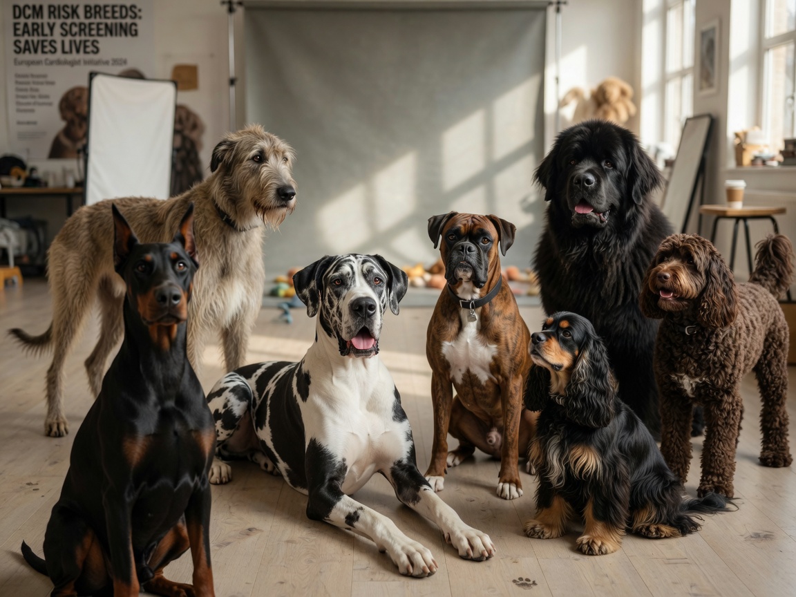 Seven dog breeds commonly affected by dilated cardiomyopathy posed together in studio light