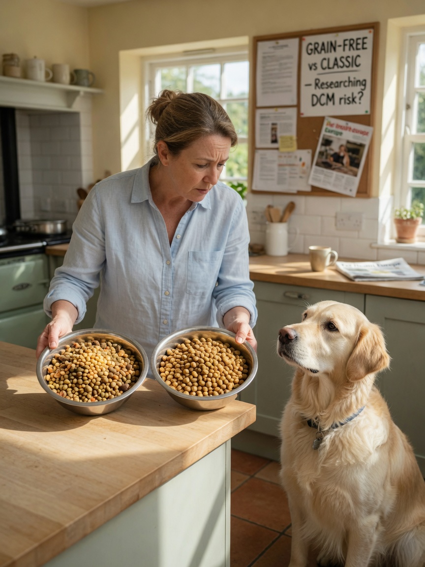 Dog owner comparing grain-free and traditional dog food bowls with healthy Golden Retriever in home kitchen