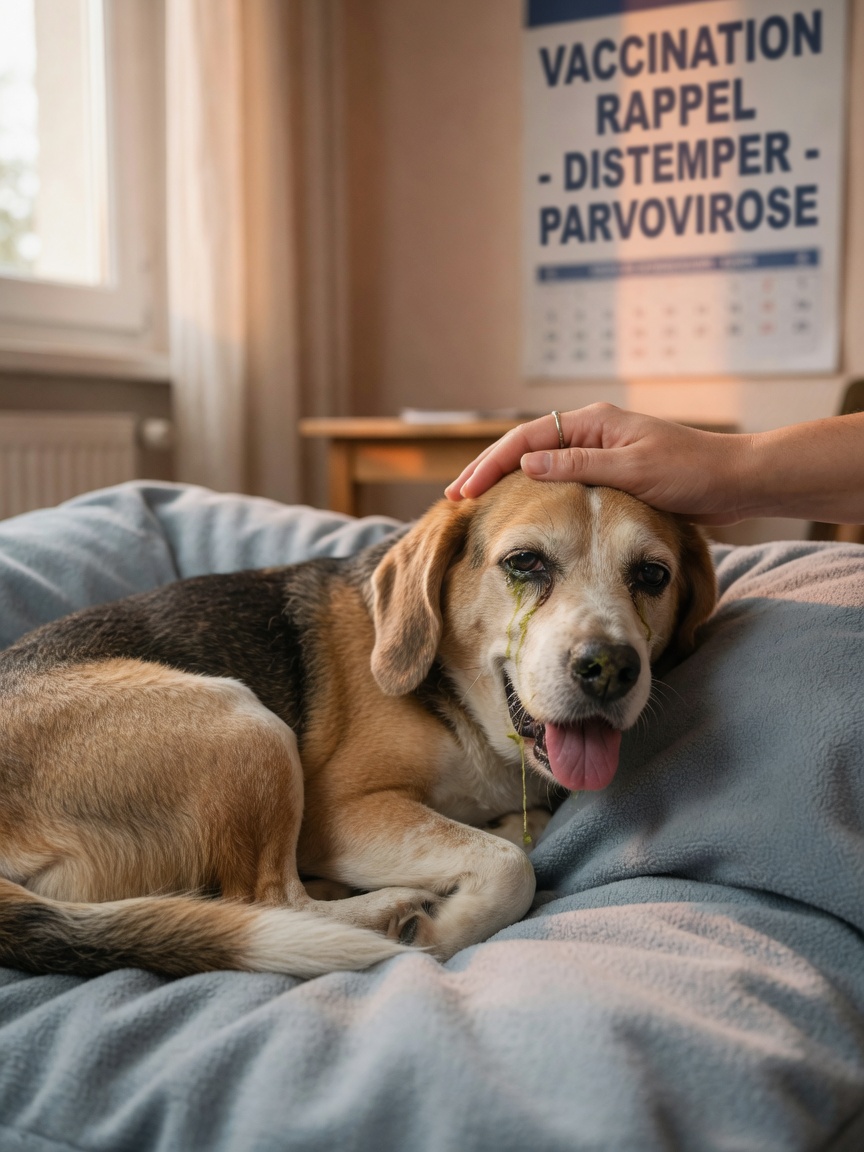 Dog displaying early respiratory distemper symptoms including discharge and lethargy during initial infection phase
