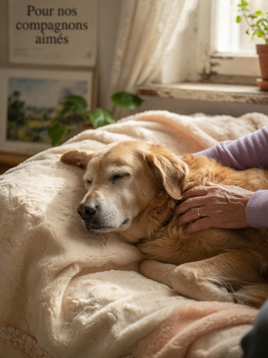 Elderly dog resting peacefully on a soft blanket with owner's gentle hand, depicting compassionate end-of-life care
