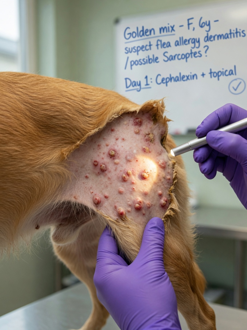 Close-up of red bed bug bite welts and irritated skin on dog's belly and inner thigh