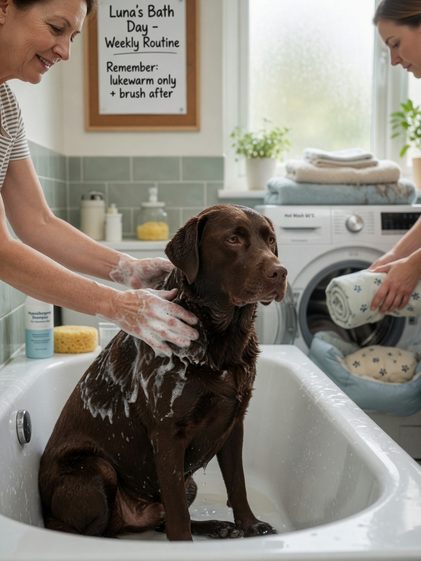 Dog owner bathing dog with gentle hypoallergenic shampoo as part of bed bug infestation protection