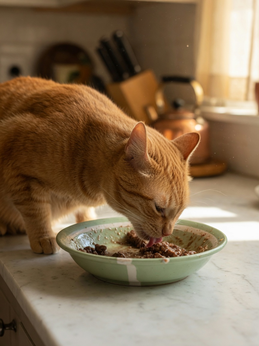 A ginger cat eating quickly from a bowl, demonstrating rapid eating behavior that causes air swallowing
