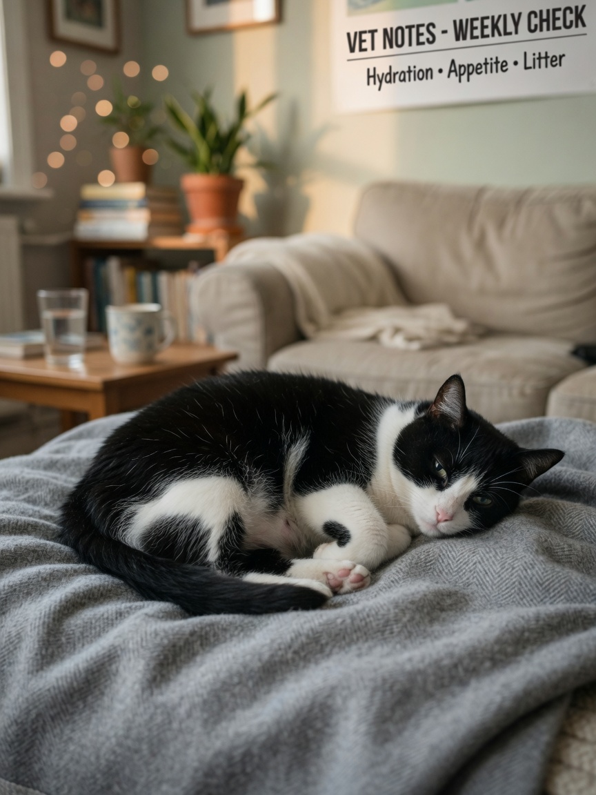 A black and white cat lying down appearing uncomfortable, showing signs of digestive distress