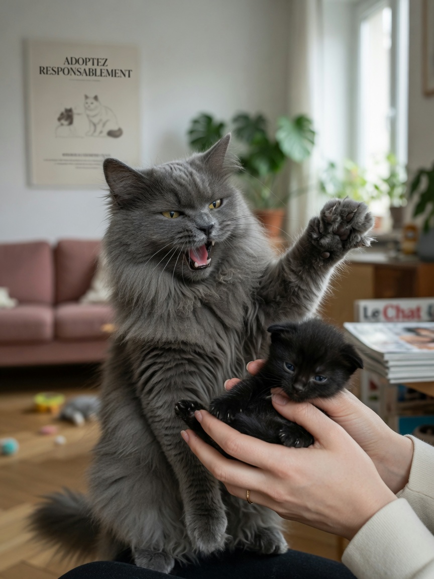 Gray cat hissing and swiping defensively at a new kitten being introduced, showing aggressive jealous behaviour