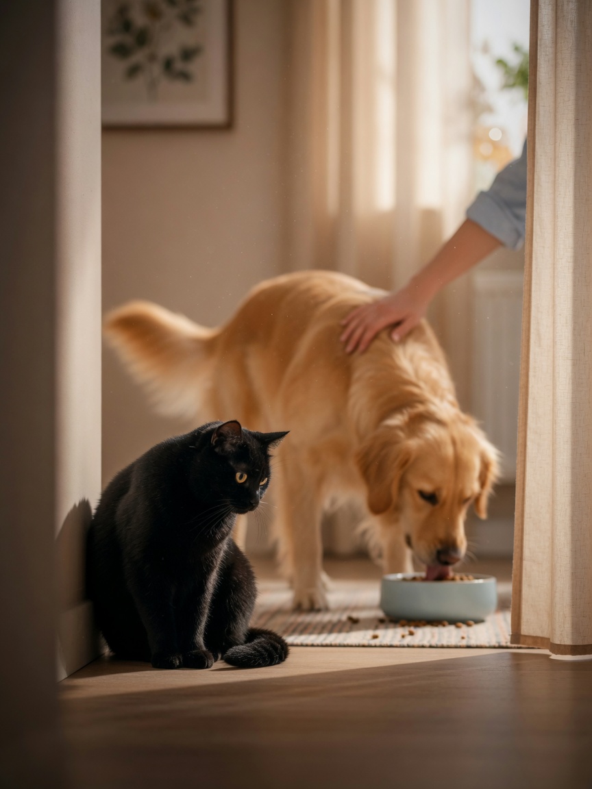 Black cat sitting withdrawn in a corner while a new golden retriever receives attention and food in the background