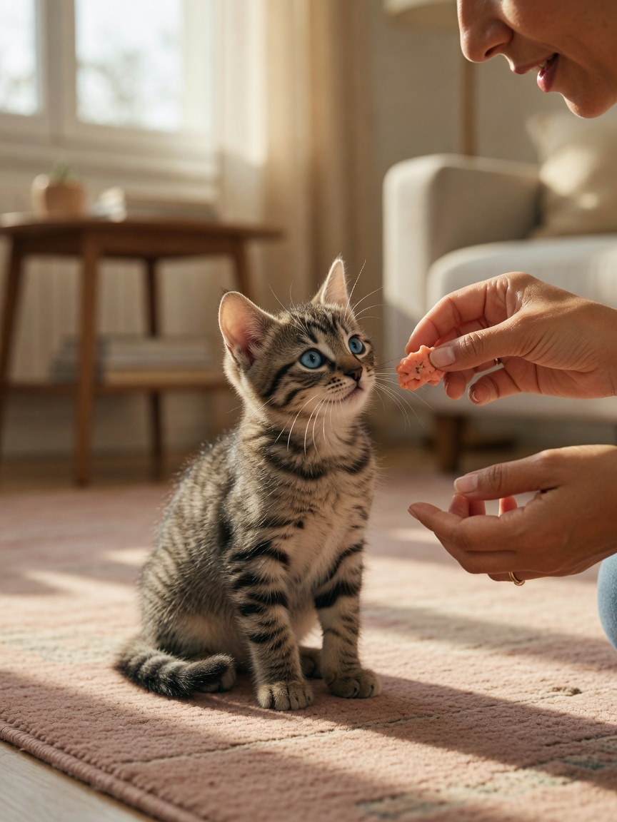 A young kitten receiving a treat during positive name recognition training with its attentive owner.