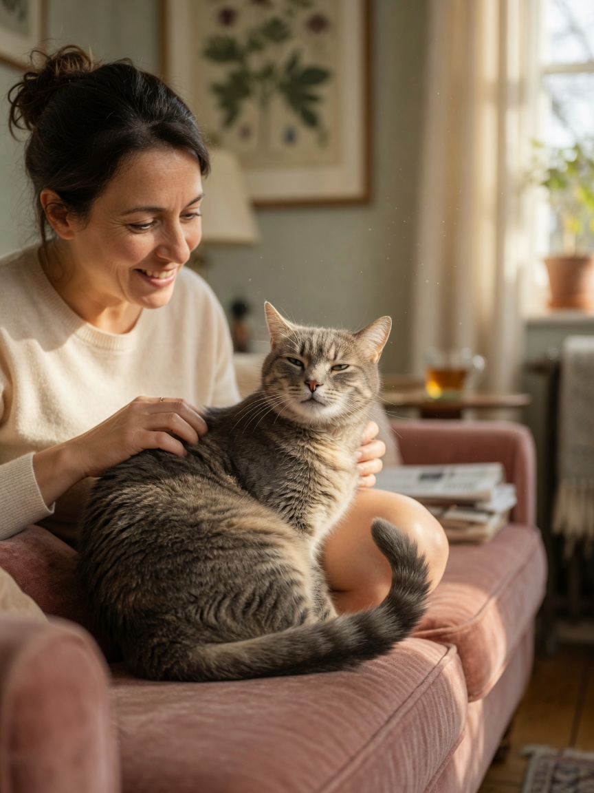 A cat purring contentedly on an owner's lap with relaxed body language and soft eyes