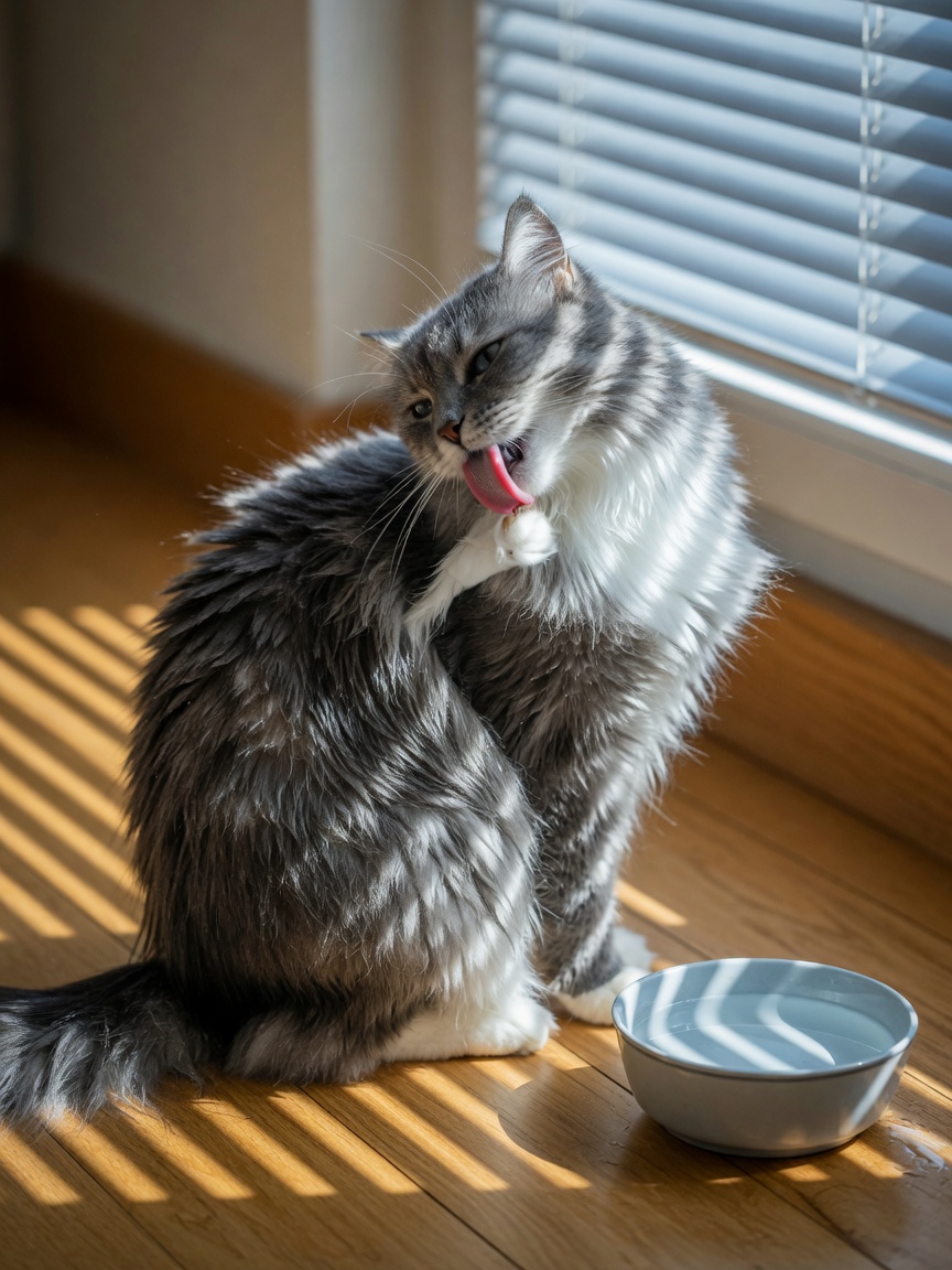 Gray and white longhaired cat grooming its thick fur with visible saliva, demonstrating natural temperature regulation behavior
