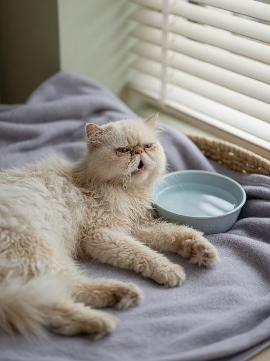 Persian cat panting and resting lethargically indoors, displaying signs of heat stress and overheating