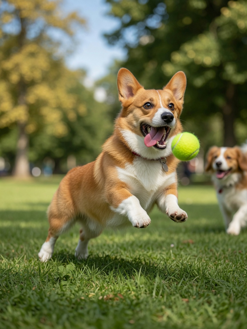 An energetic red and white Corgi leaping to catch a tennis ball in a sunny park during playtime