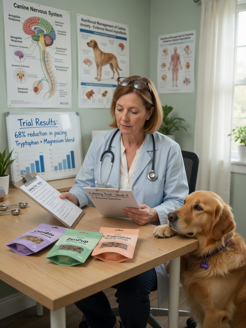 Veterinary nutritionist reviewing calming treat products with dog in clinic
