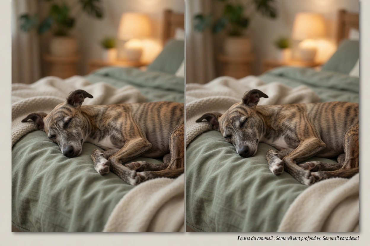 Dog demonstrating slow-wave sleep versus REM sleep with visible eye movement and muscle twitching