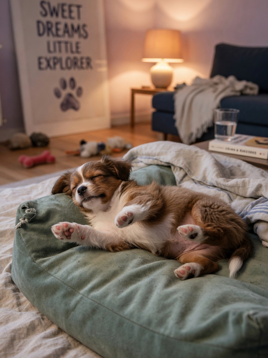 Puppy twitching and paddling legs during REM sleep, demonstrating incomplete motor suppression