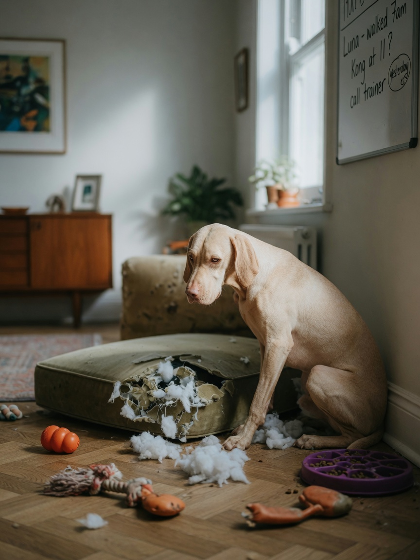 Withdrawn Vizsla near torn sofa cushion showing destructive behaviour from loneliness