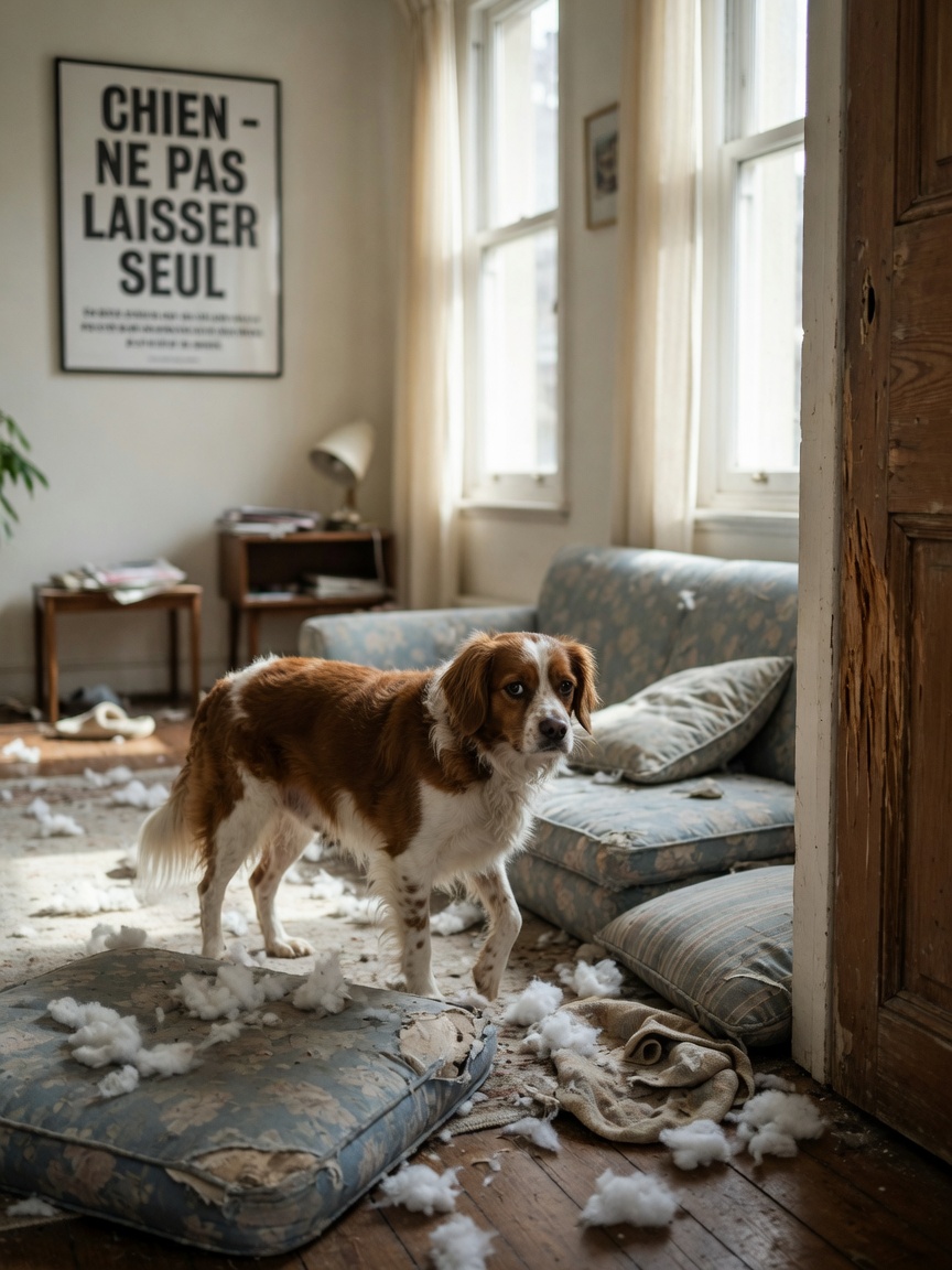 Anxious spaniel surrounded by destructive behavior evidence—torn cushions and scratched door frame