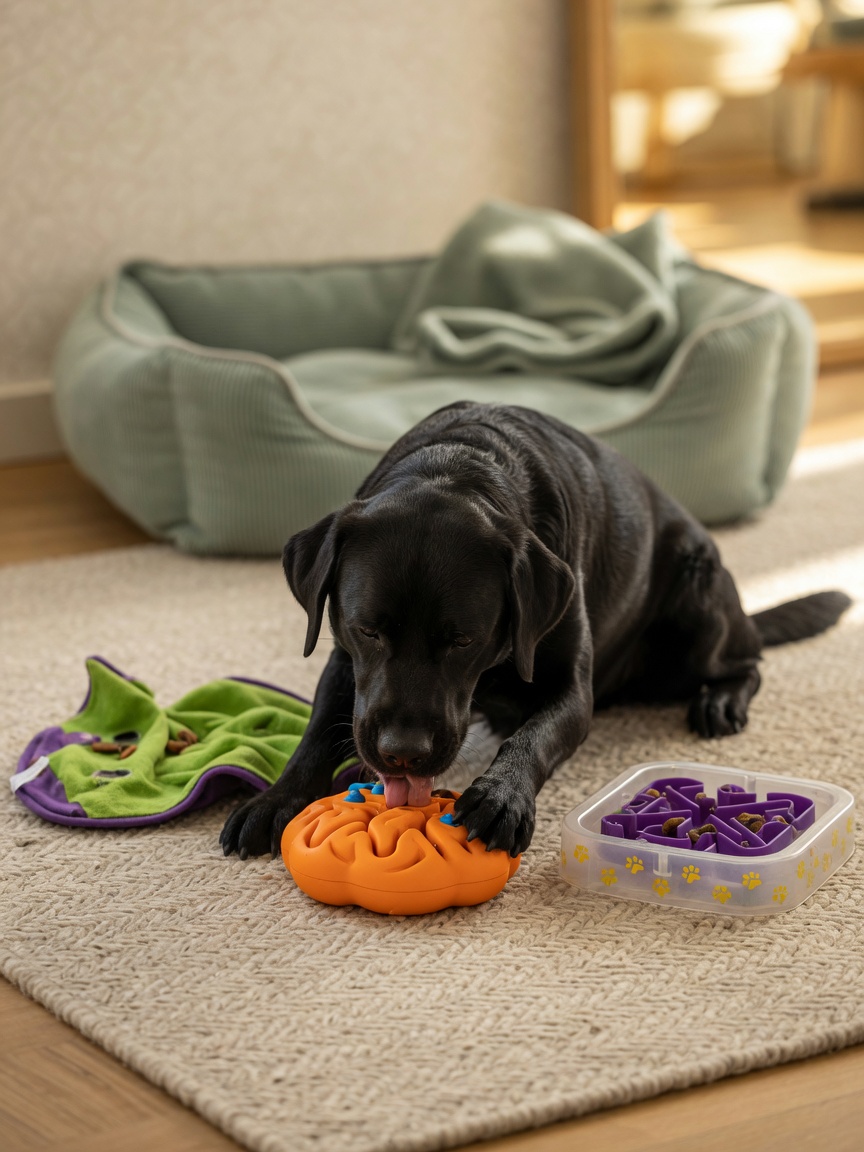 Black Labrador engaged with puzzle toy and enrichment activities, mentally stimulated and content