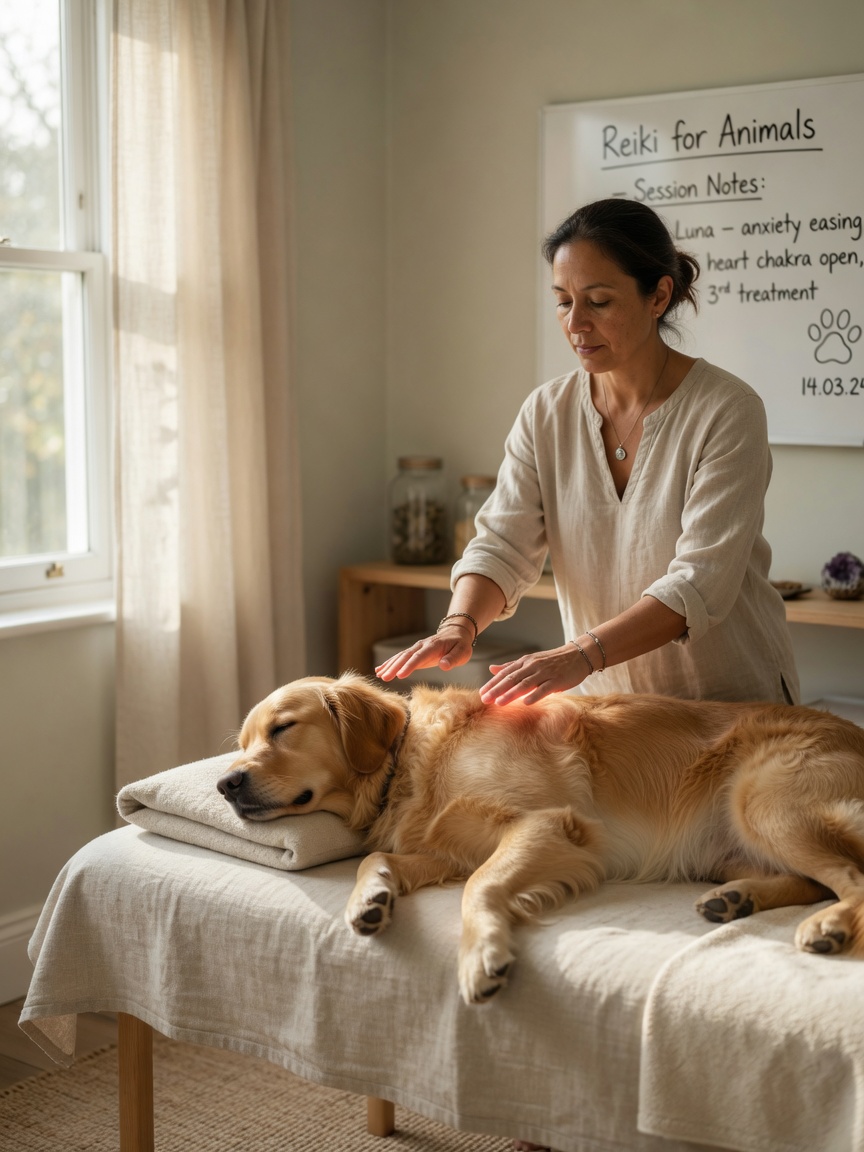 Holistic healer performing energy work on a peaceful golden retriever during a Reiki session