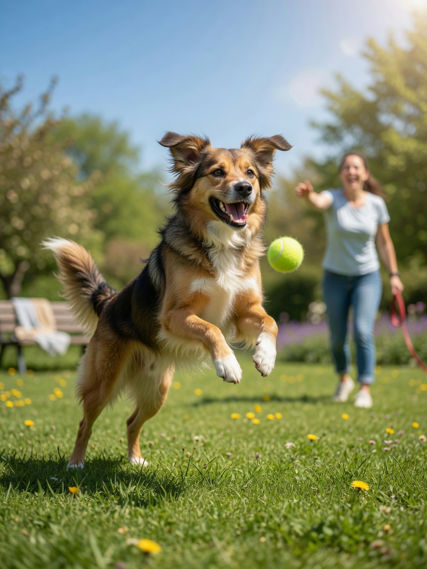 Joyful dog leaping in mid-air during outdoor playtime, embodying health, exercise, and emotional wellbeing
