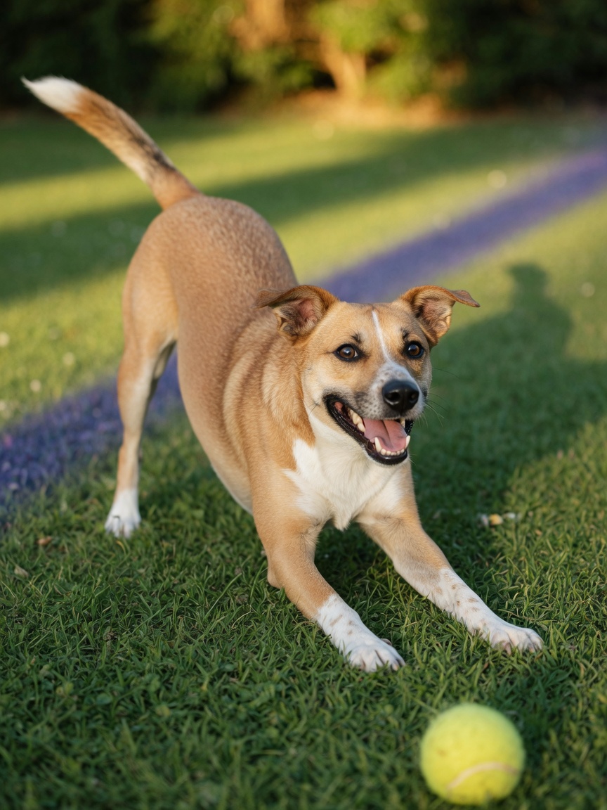Tan and white mixed breed dog in play bow during joyful play session with bright, engaged expression and mid-wag tail in sunny outdoor setting
