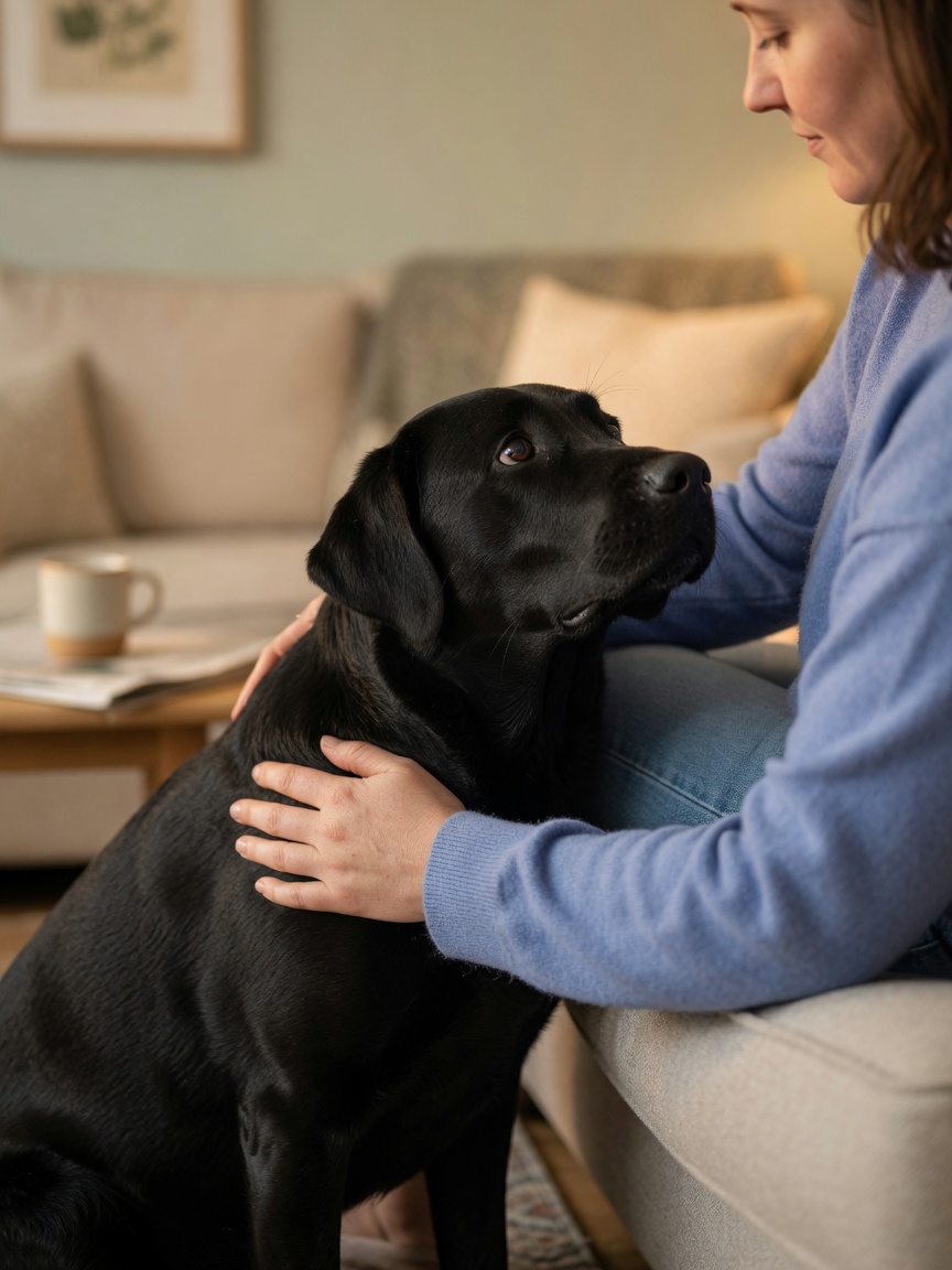 Black Labrador leaning against seated person's leg with upturned gaze, demonstrating empathy and emotional connection in warm indoor setting