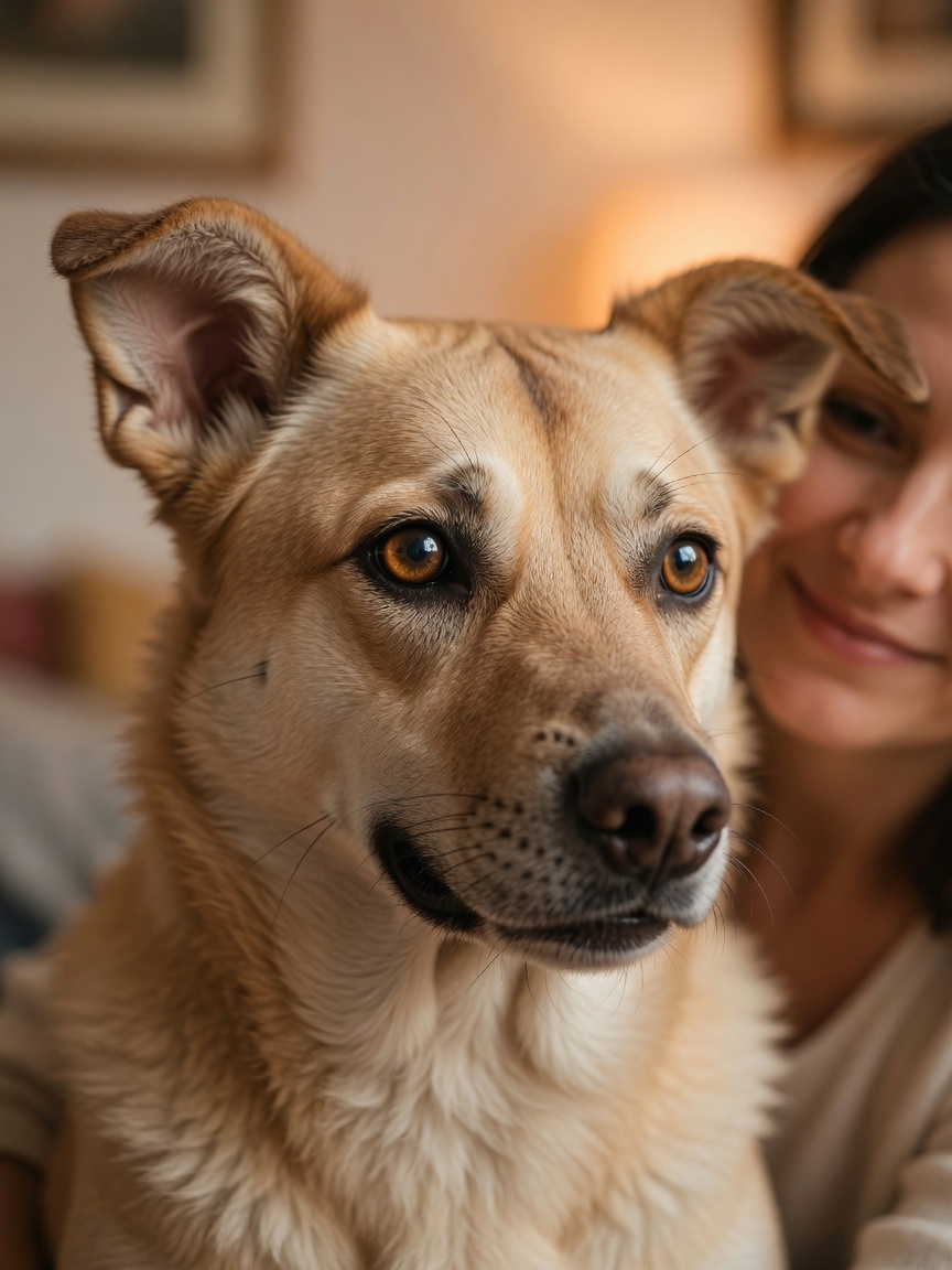 Close-up of dog's expressive face showing emotional recognition and connection with human companion