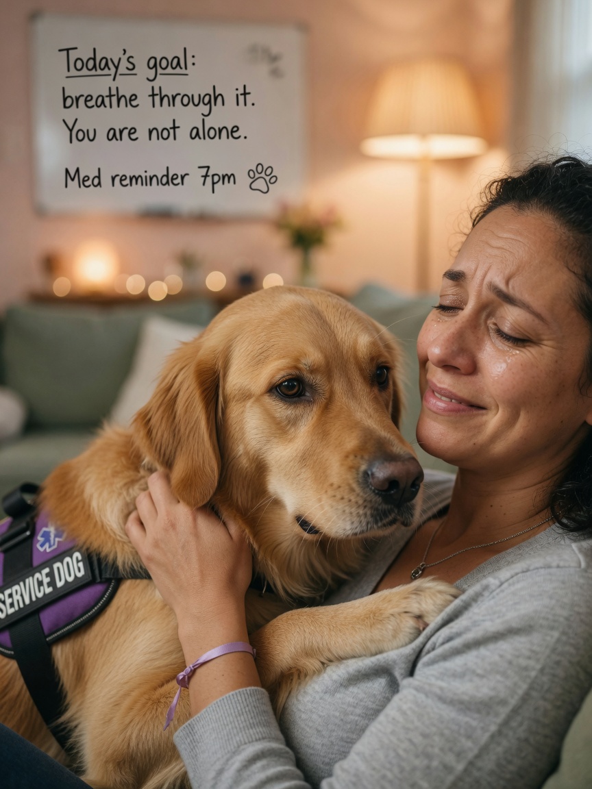 Service dog resting its head against person's chest in intimate moment of comfort and spiritual connection