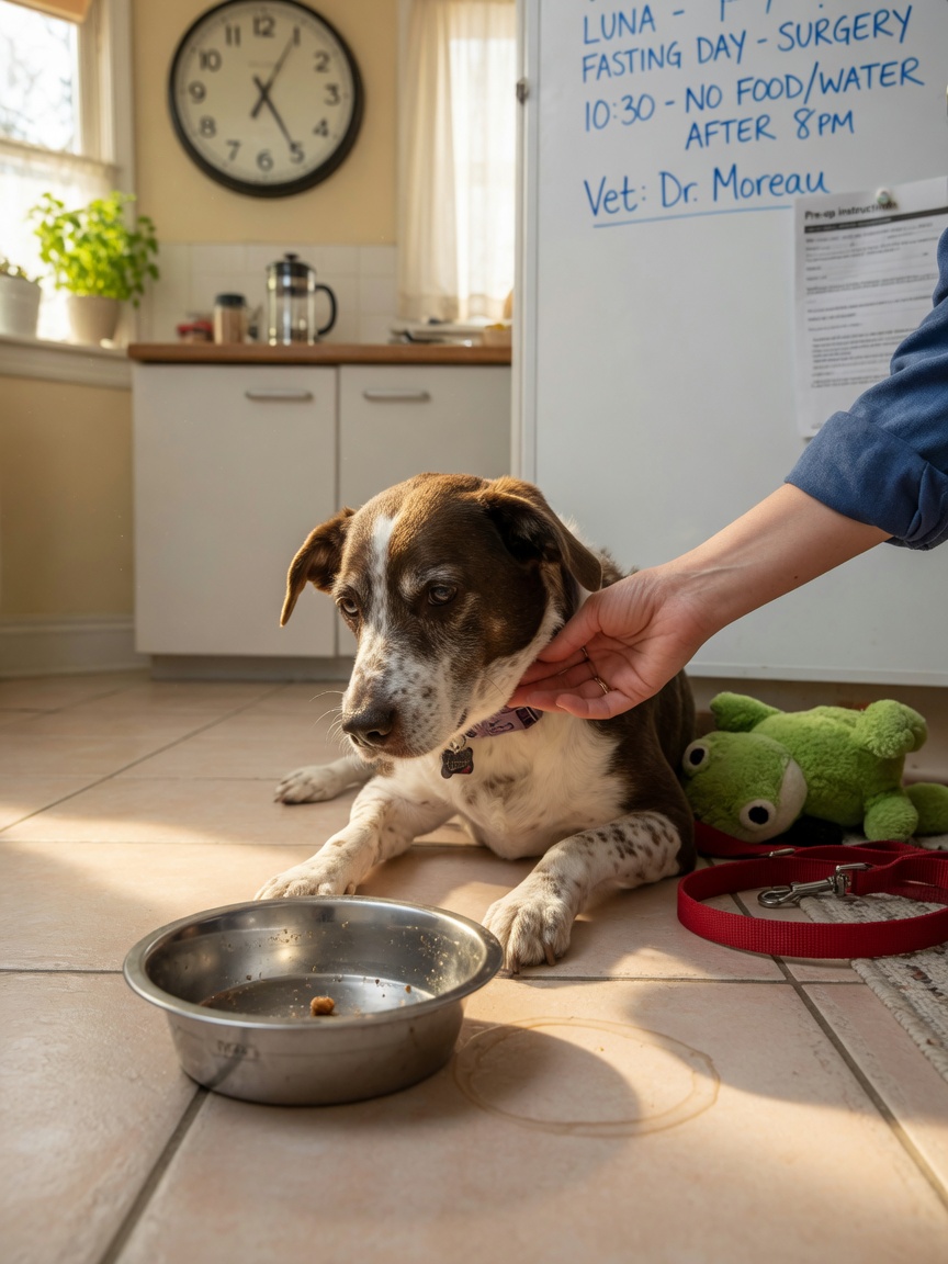 Dog looking at empty food bowl while owner redirects attention during pre-surgery fasting period