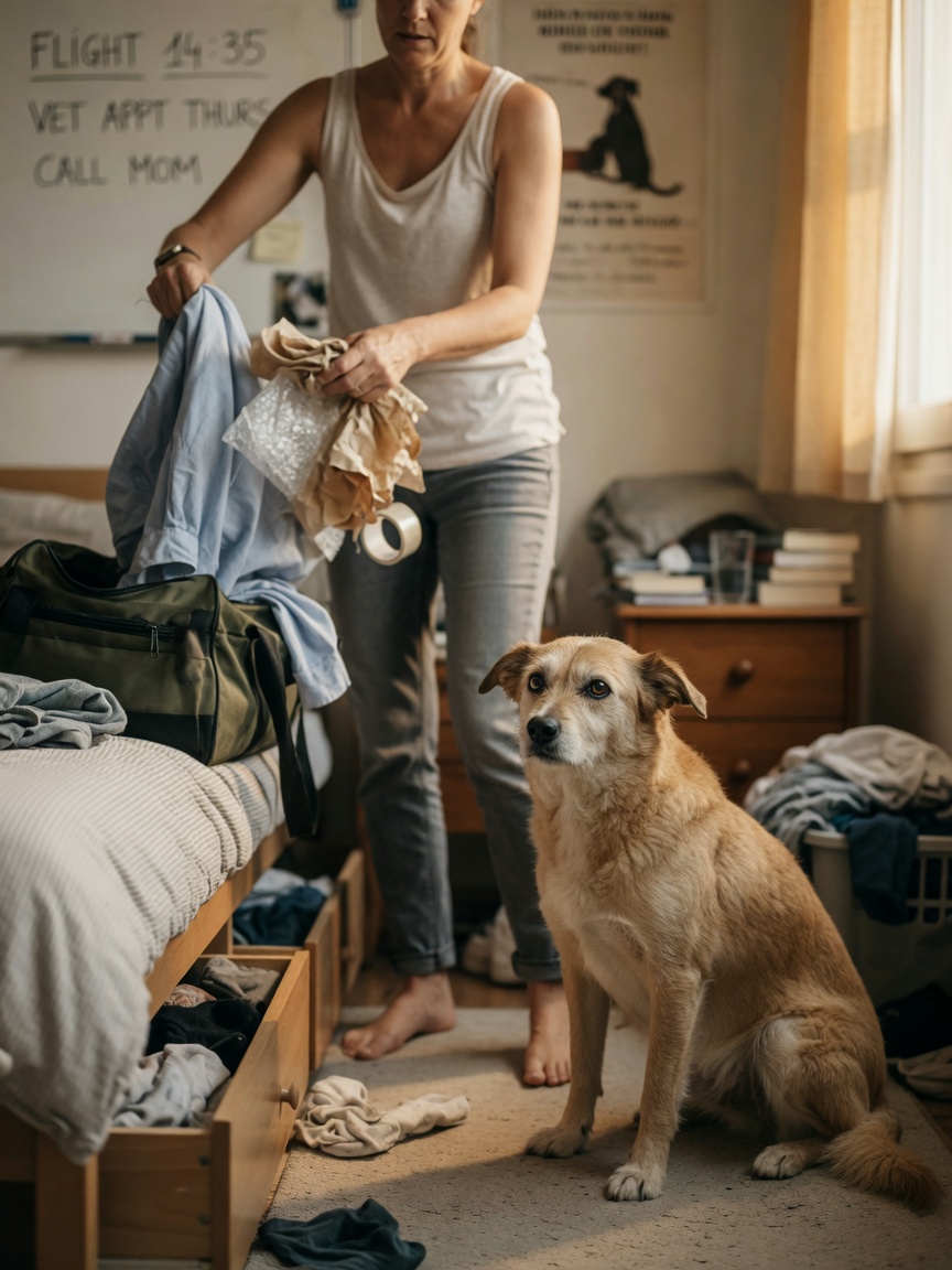 Dog positioned near owner's feet, mirroring anxious body language during packing