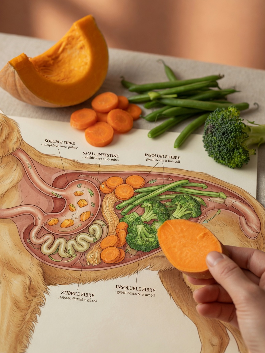Cross-section of digestive tract with soluble and insoluble fibres from vegetables illustrated