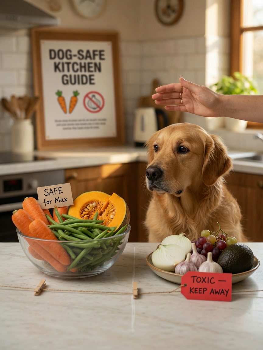 Kitchen scene showing safe vegetables separated from toxic vegetables like onions, garlic, and grapes with dog nearby