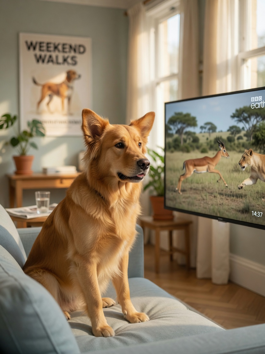 Golden-colored dog engaged and watching wildlife documentary footage on television screen