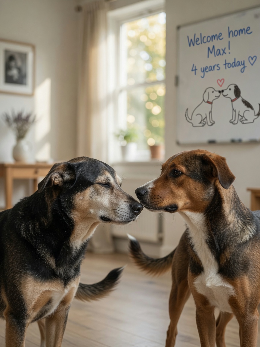 Two dogs recognizing each other through scent during an emotional reunion indoors